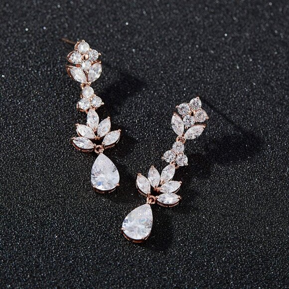 Women's Rose Gold Crystal Cubic Zirconia Bridal Drop Teardrop Wedding Earrings - Picture 5 of 7